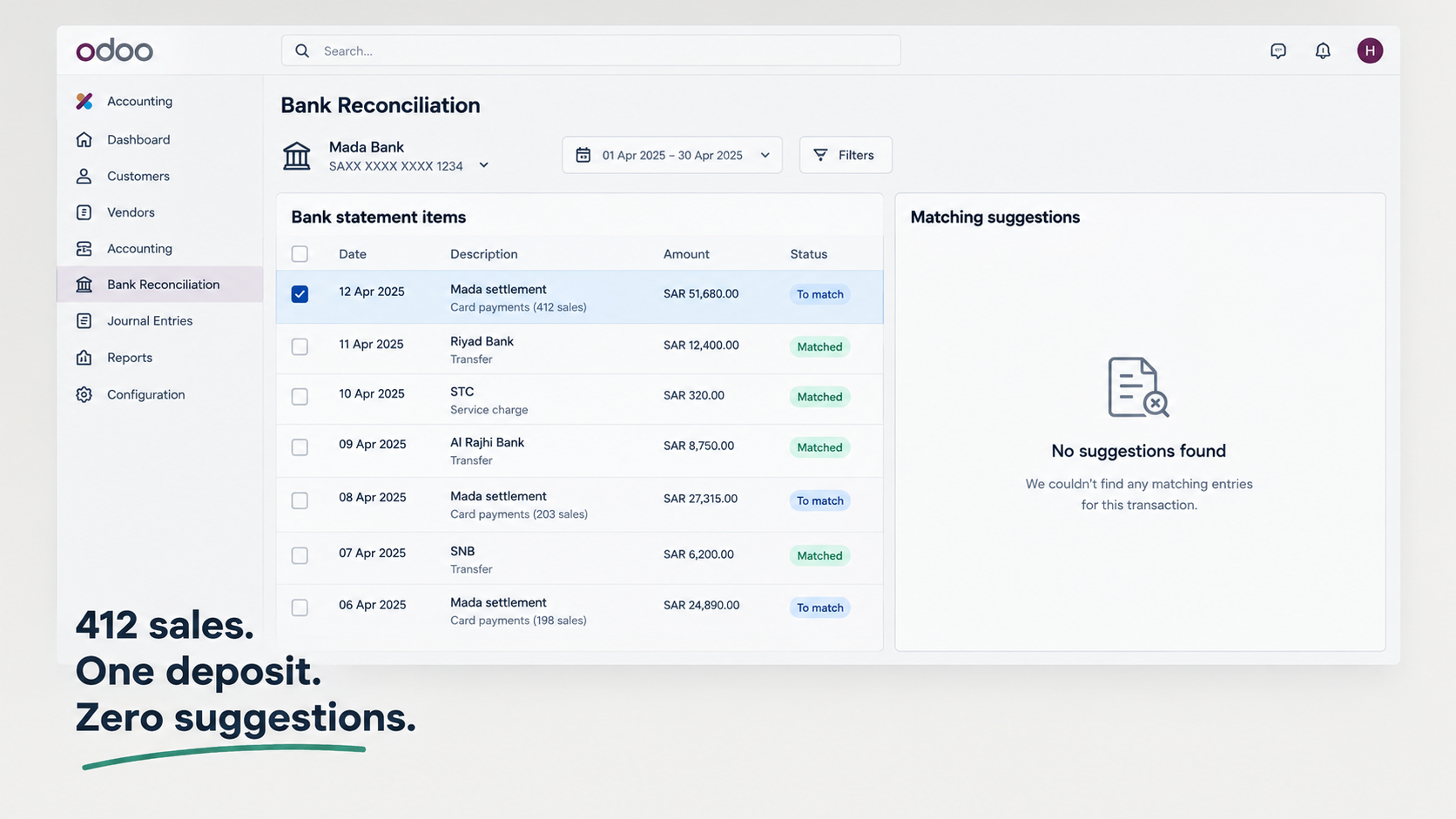 An Odoo bank reconciliation view with a mada settlement line