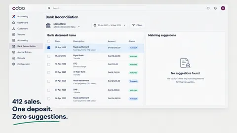 An Odoo bank reconciliation view with a mada settlement line