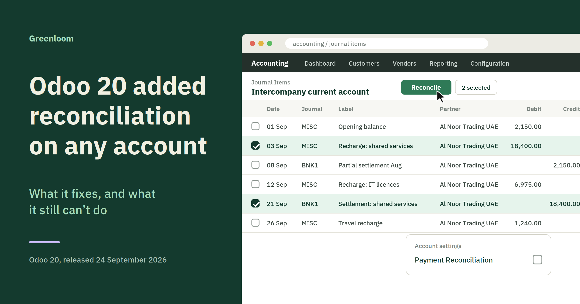 Odoo 20 added reconciliation on any account: what it fixes and what it still can't do.