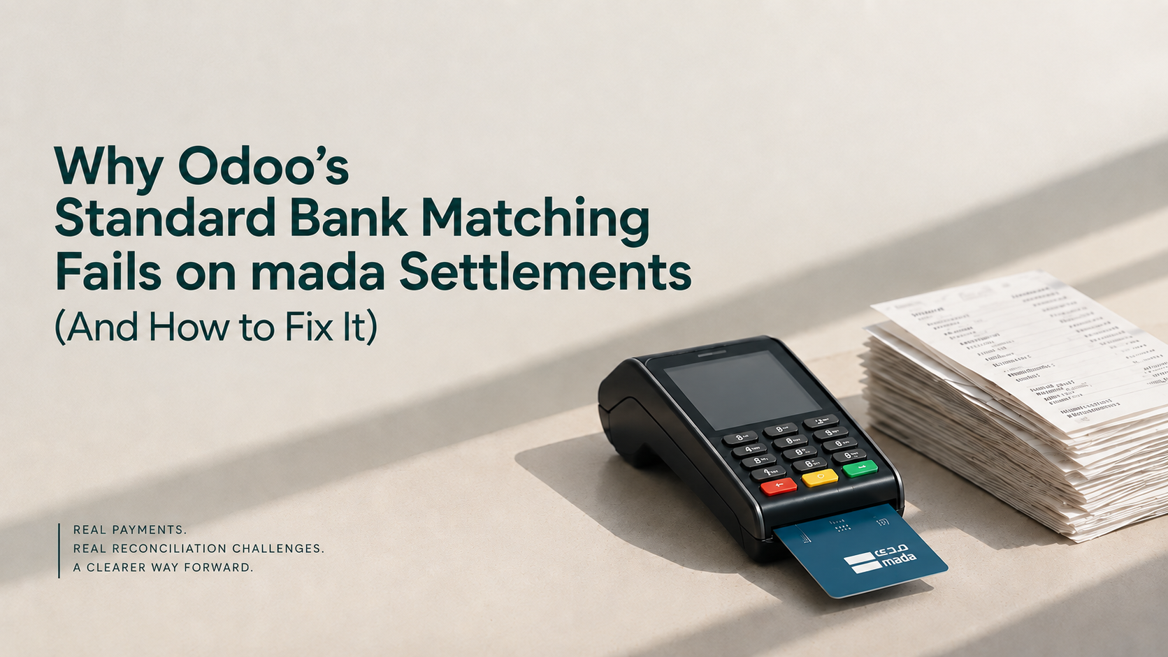 Odoo matches one payment to one invoice. A mada settlement is one deposit covering hundreds of sales, net of fees and VAT. Here is why it breaks and how to fix it.